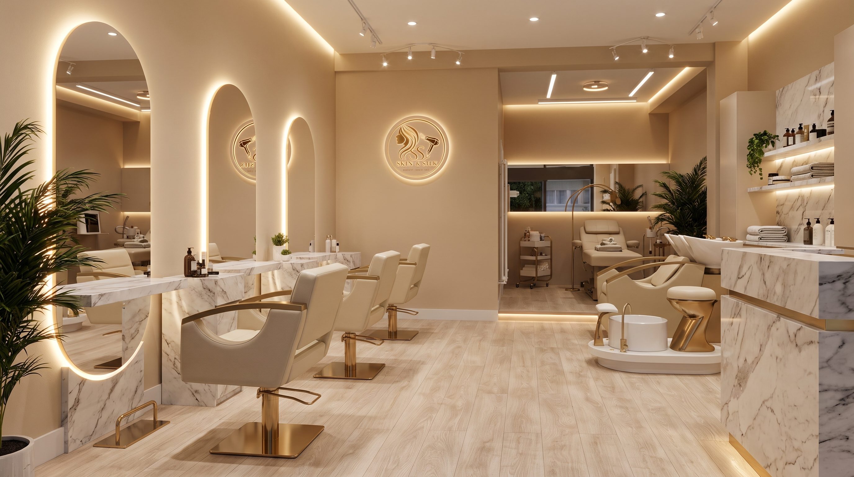 The Skin & Silk salon floor with marble styling stations, arched mirrors and gold-lit logos