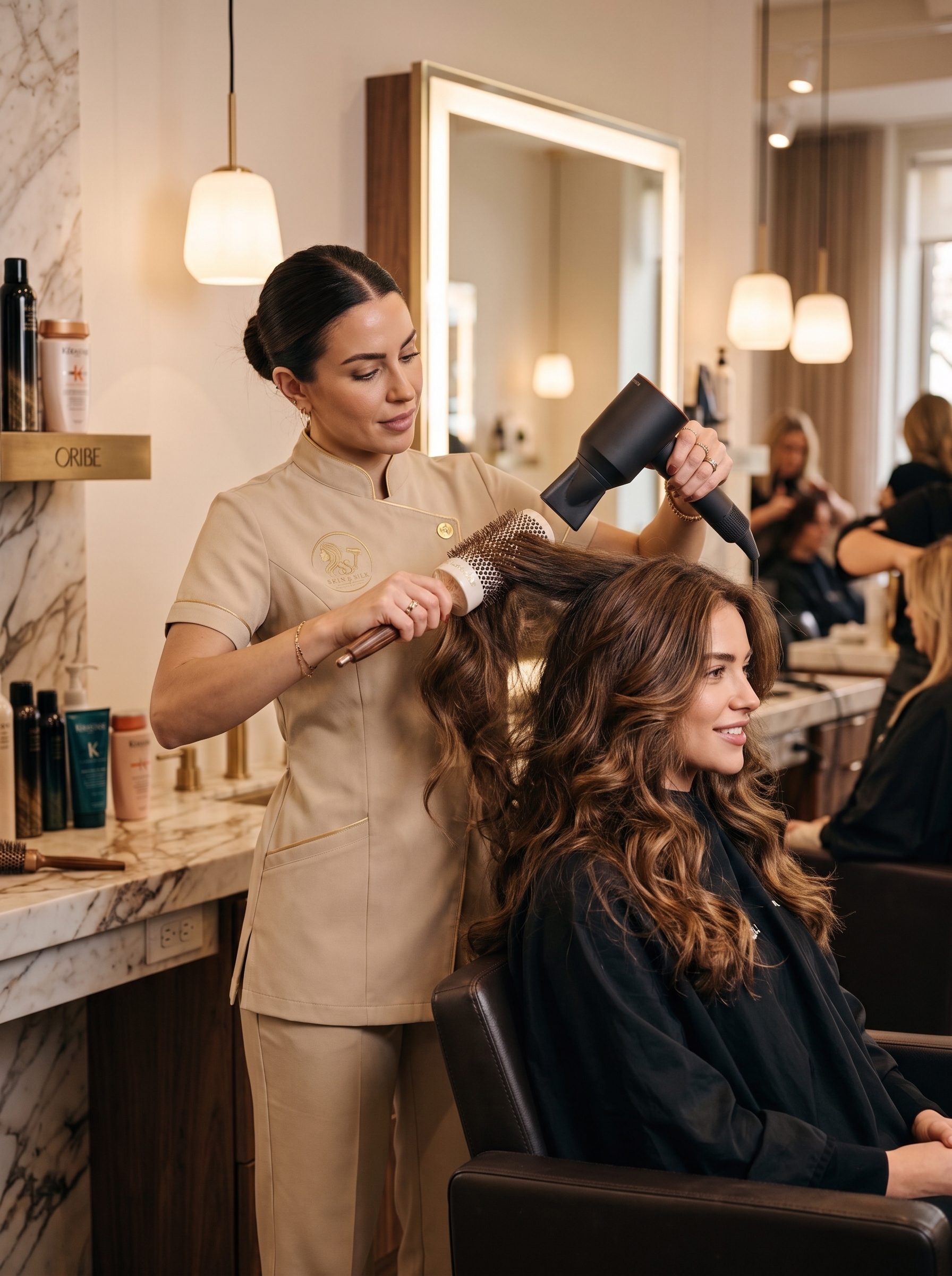A Skin & Silk stylist in uniform blow-drying a client's long brunette waves