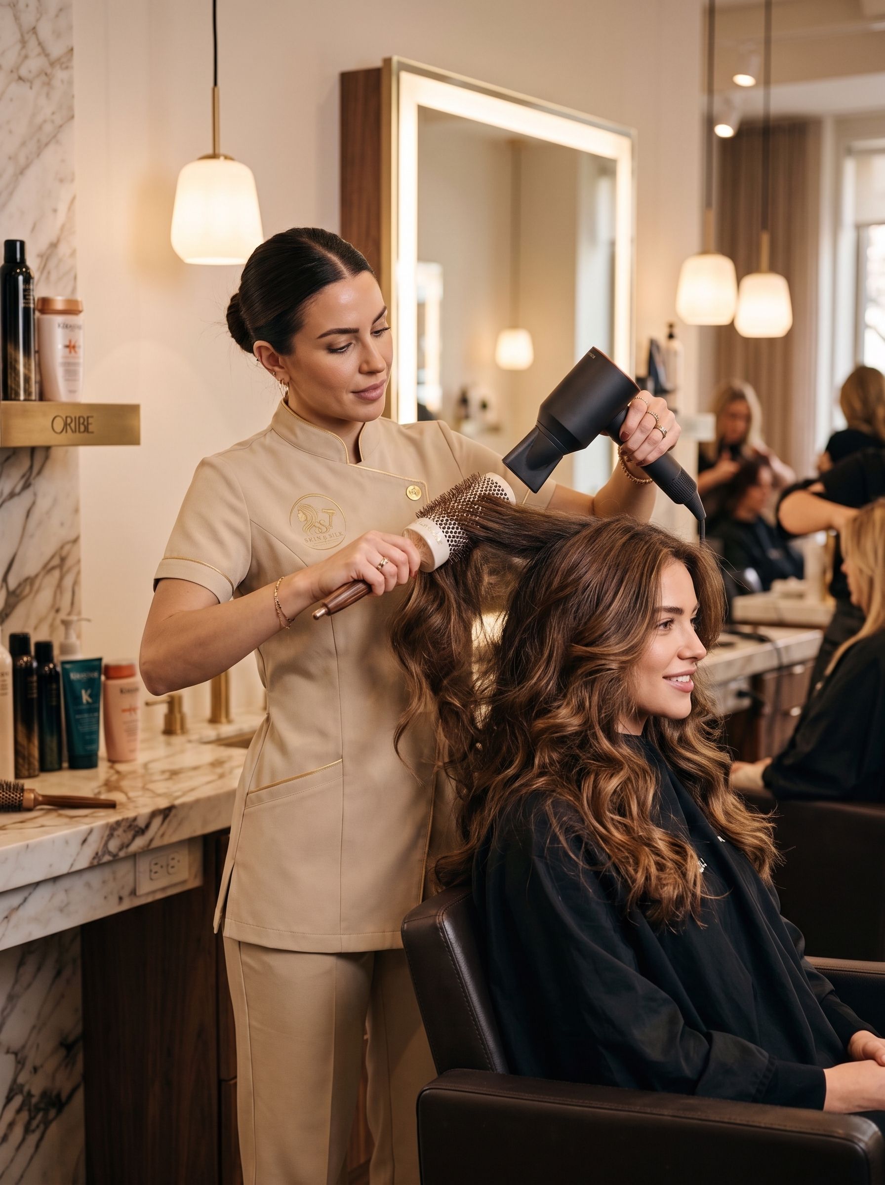 A Skin & Silk stylist in uniform blow-drying a client's long brunette waves