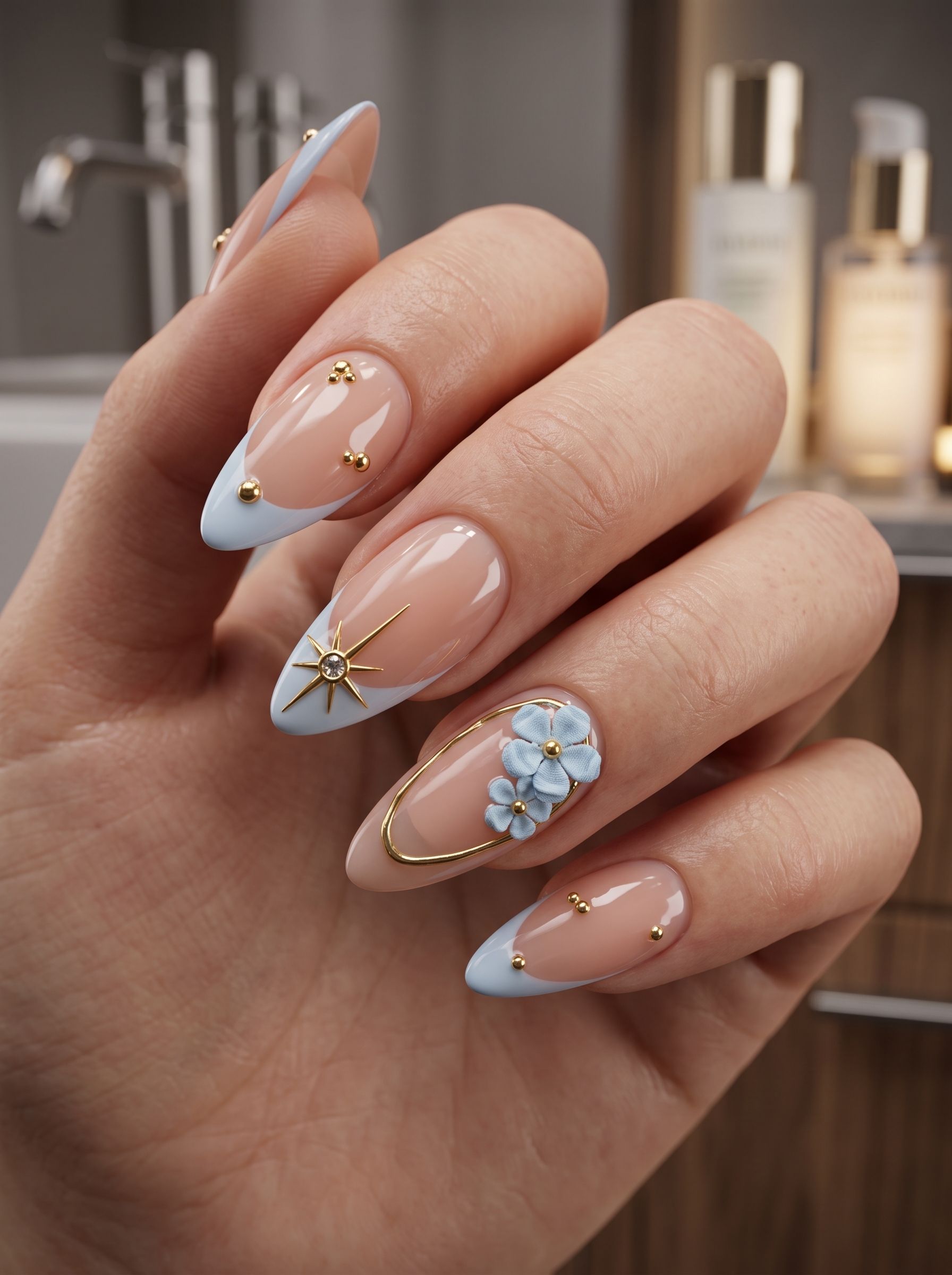 Almond nails with nude polish, gold detail and a pale blue flower