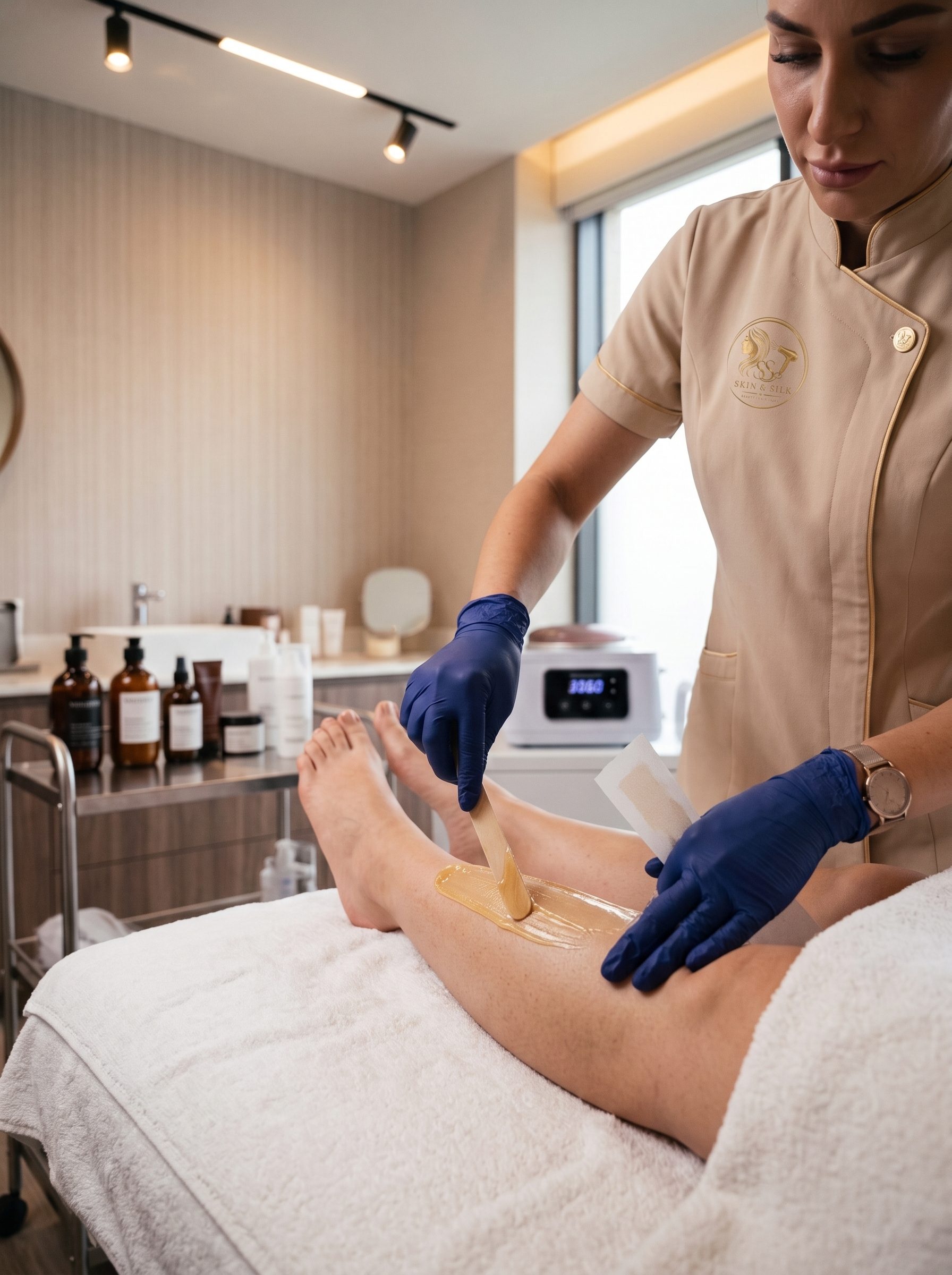 A Skin & Silk beautician in uniform and gloves applying warm wax to a client's leg on a treatment couch