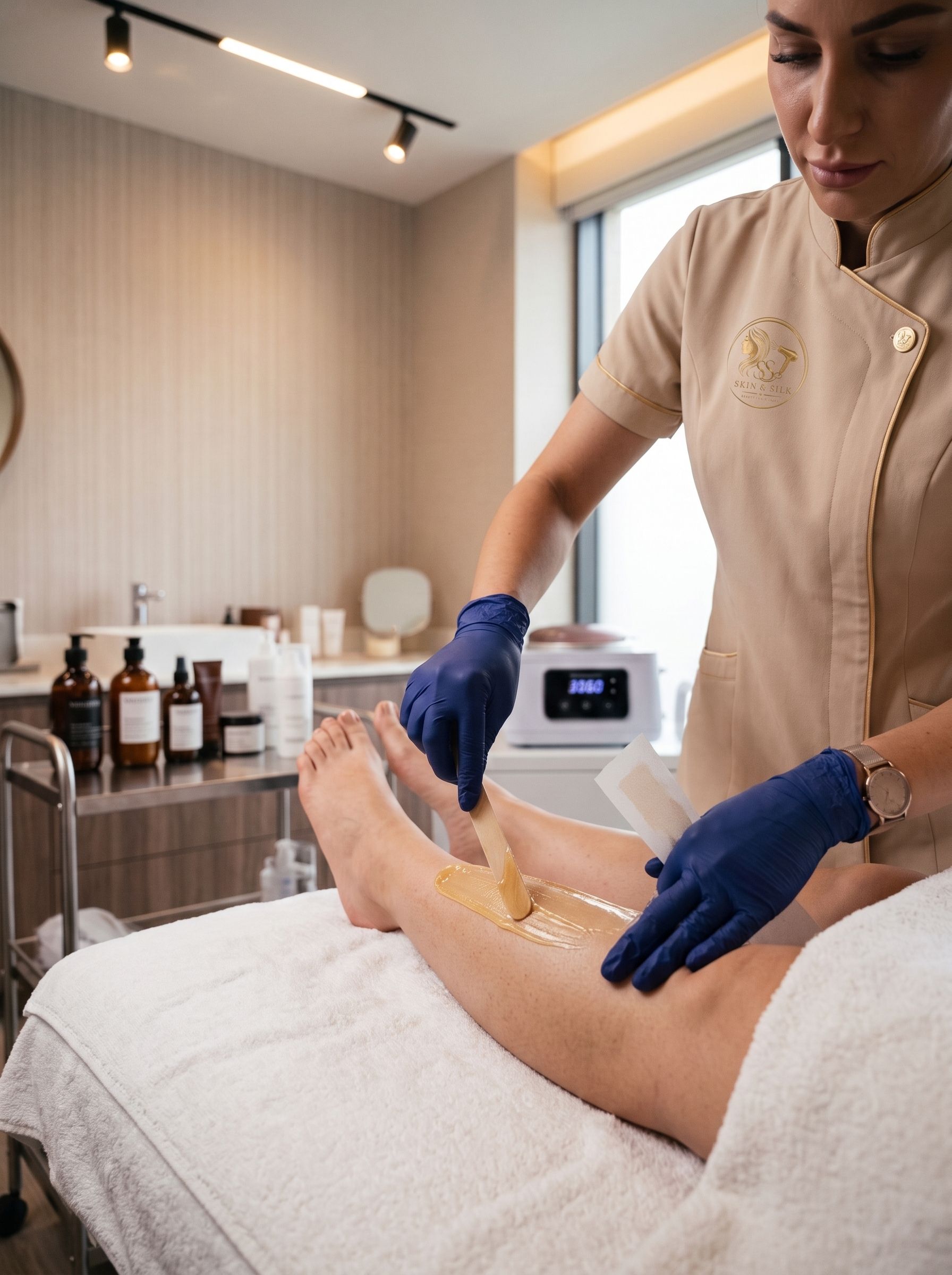 A beautician in uniform and blue gloves waxing a client's leg on a treatment couch