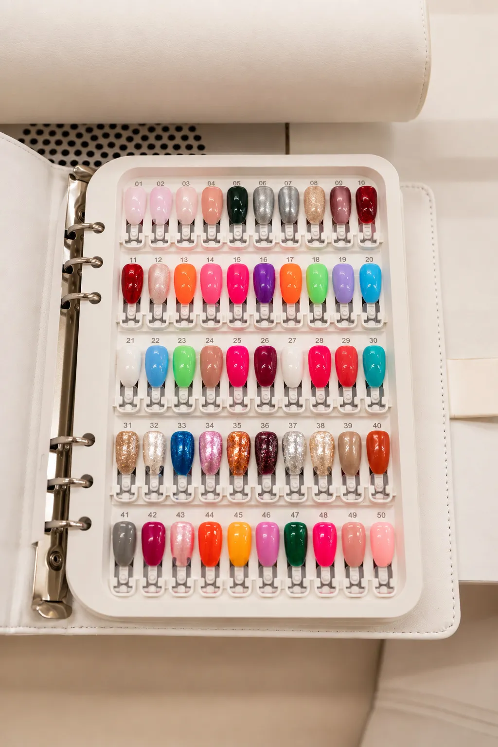 A swatch book of gel nail colours
