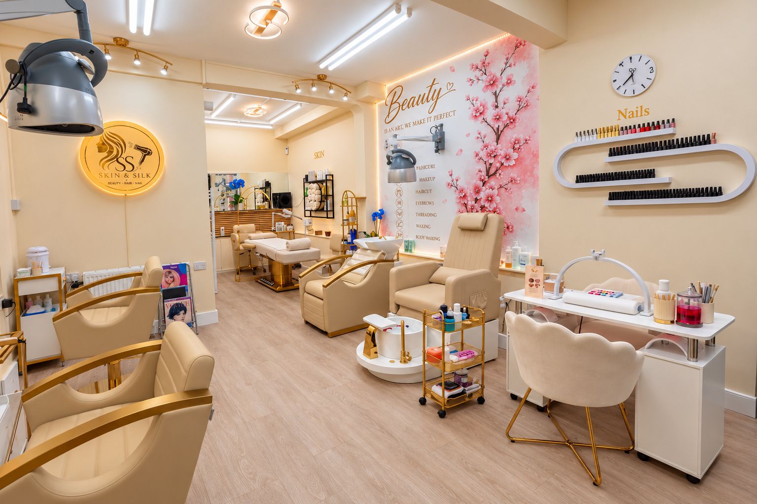 A wide view of the nail bar and styling floor