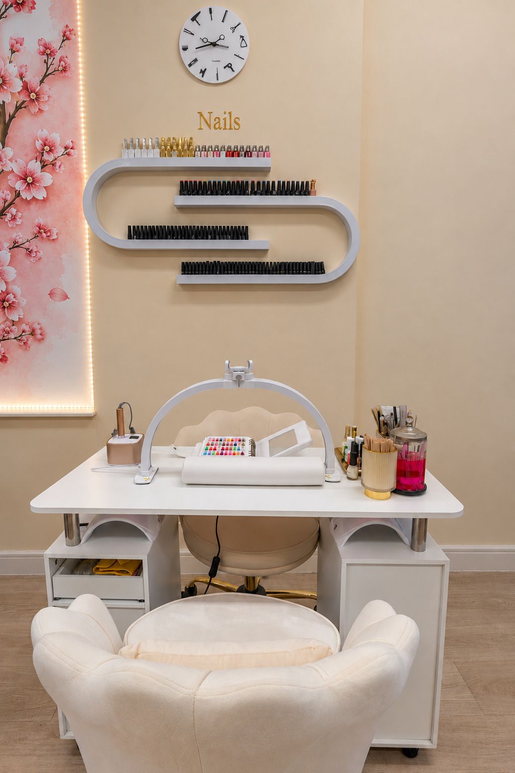 A nail desk with a gold lamp below the Nails wall