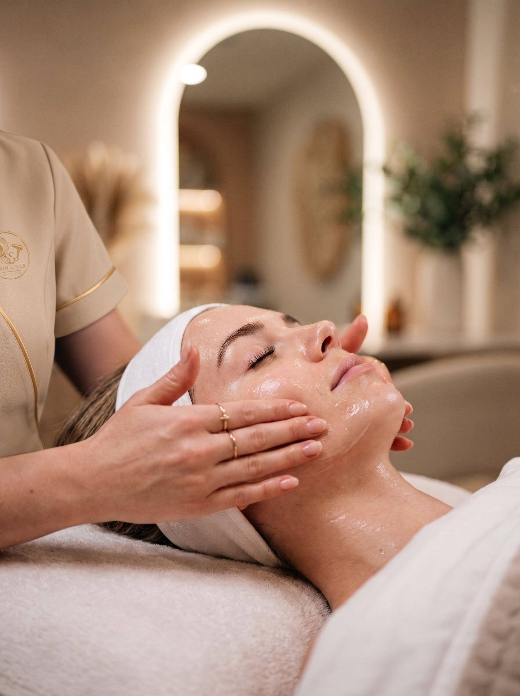 A client with closed eyes receiving a facial massage from a beautician in uniform