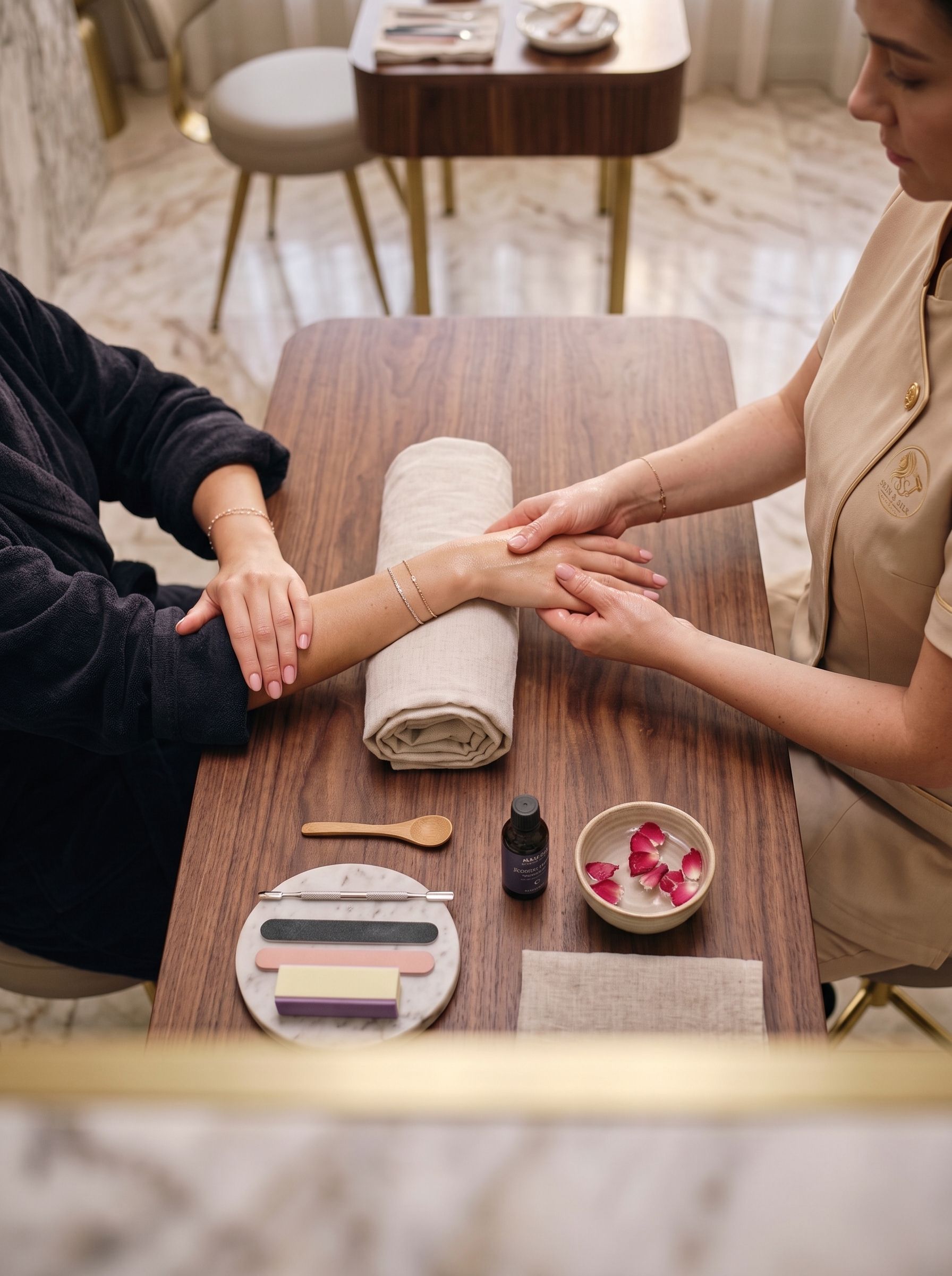 A beautician in the Skin & Silk uniform giving a hand and arm treatment at a walnut table