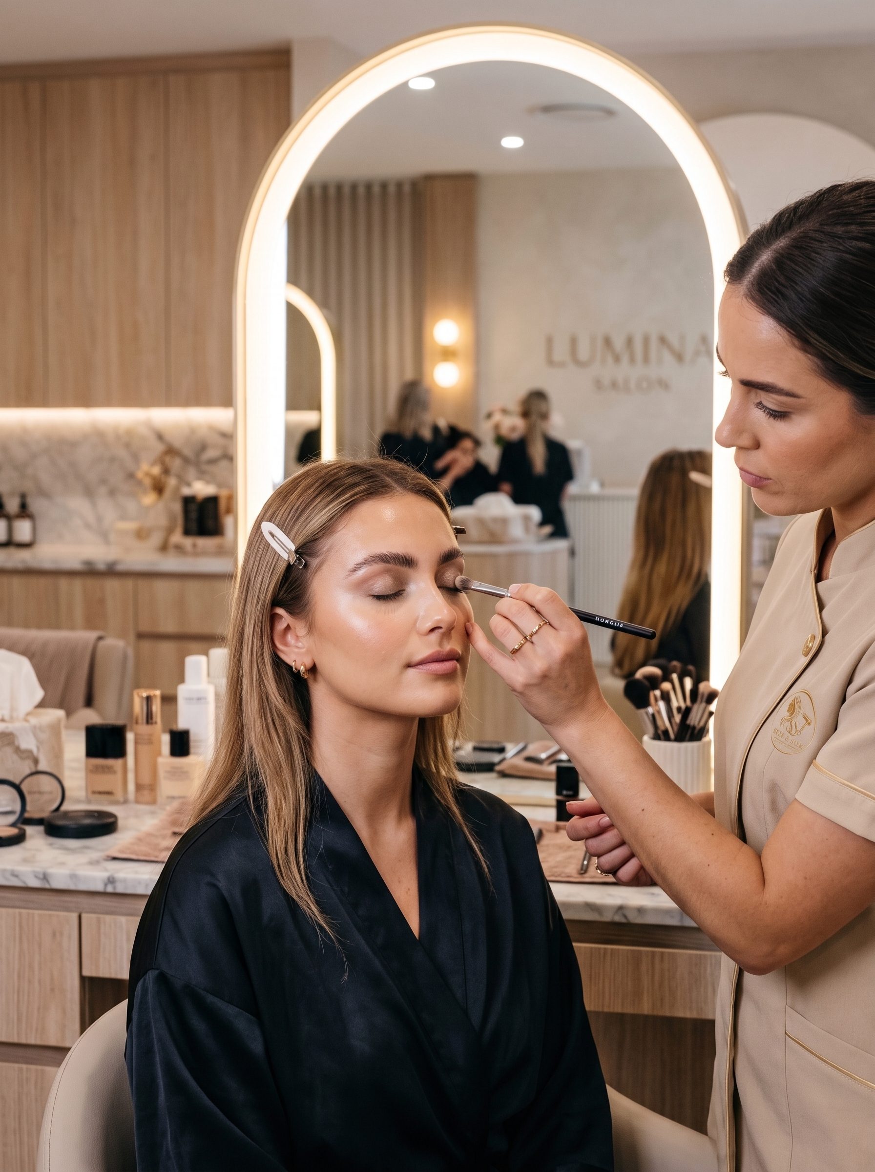 A Skin & Silk makeup artist in uniform applying eyeshadow to a client in front of a lit arched mirror