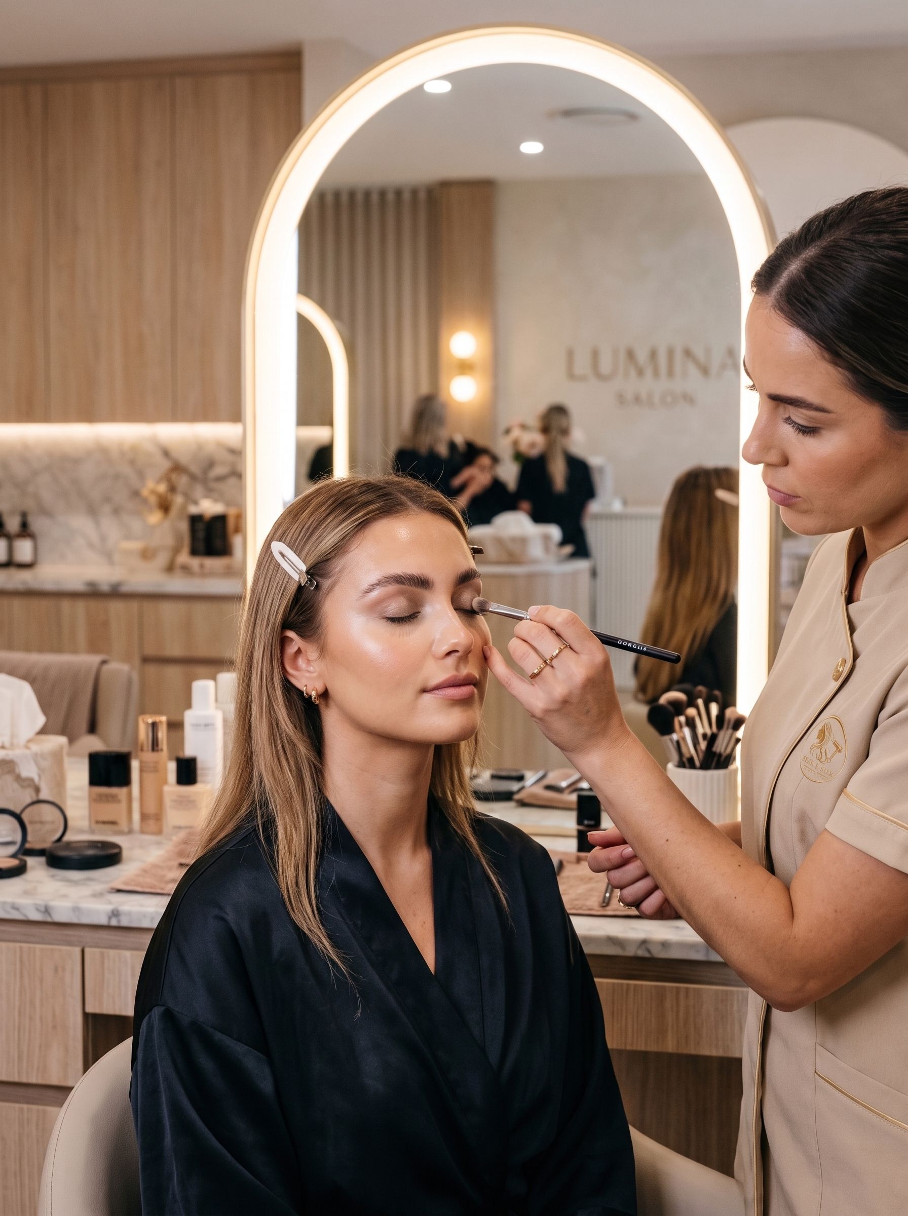A makeup artist in the Skin & Silk uniform applying eyeshadow to a client in a black robe