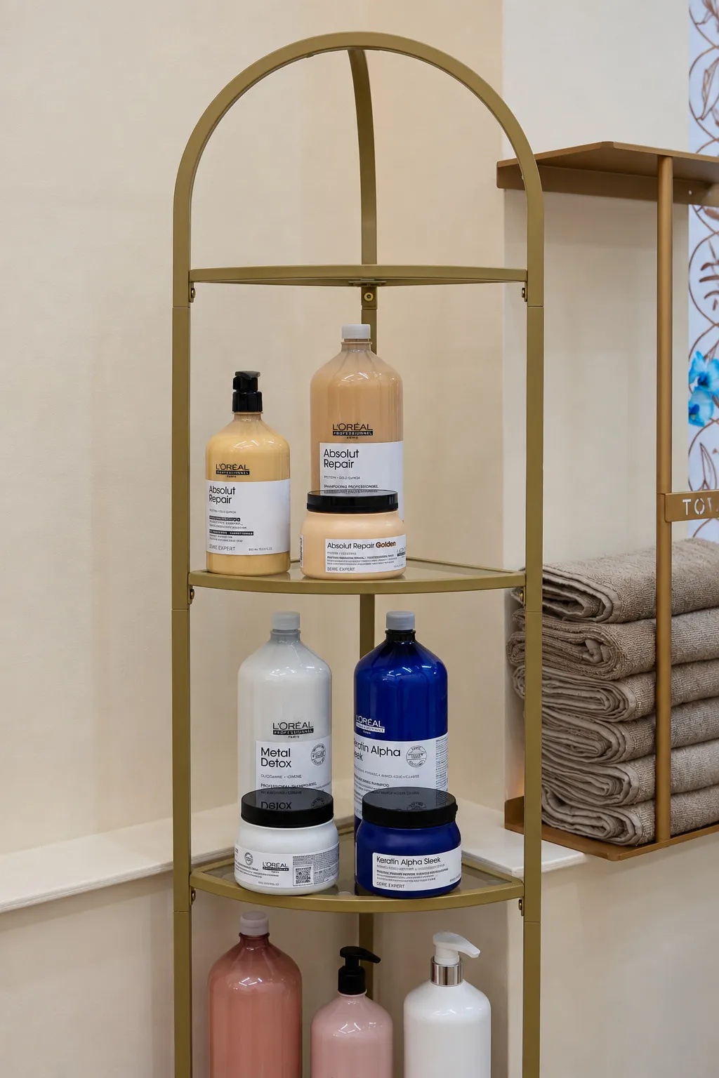 Professional haircare products on an arched gold shelf