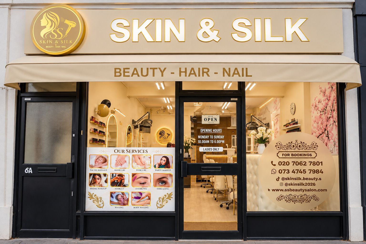 The Skin & Silk shopfront at 6 Green Parade with its gold Beauty, Hair, Nail sign