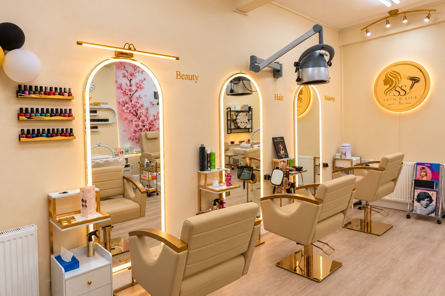 Styling stations with lit arched mirrors and cream salon chairs