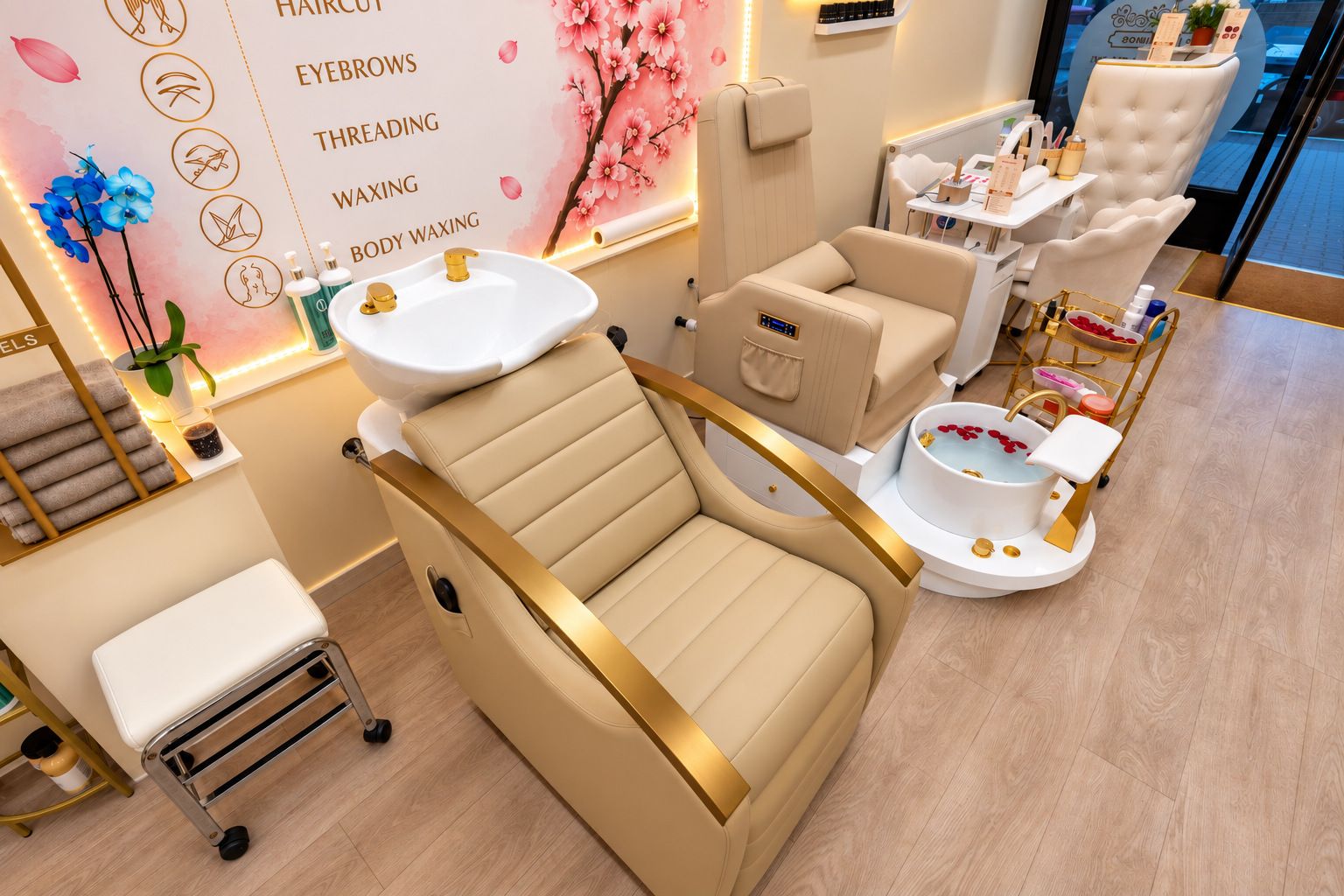 A reclining hair-wash chair and basin with gold trim