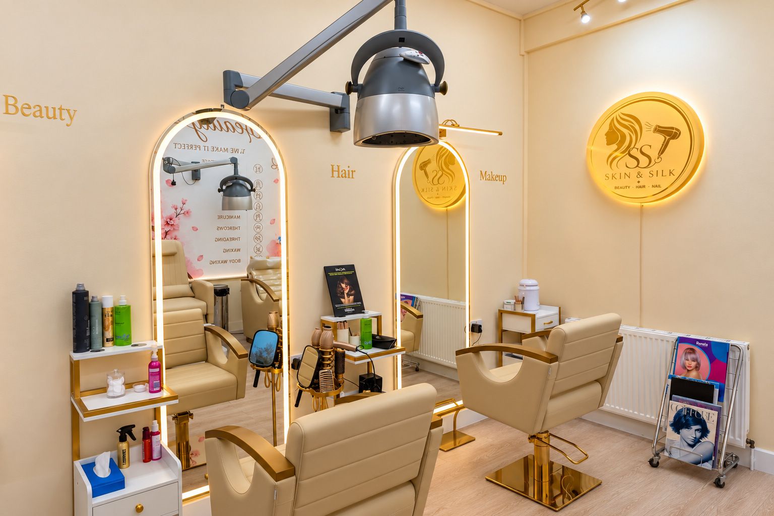 The Skin & Silk salon floor with cream styling chairs, arched lit mirrors and the gold logo on the wall