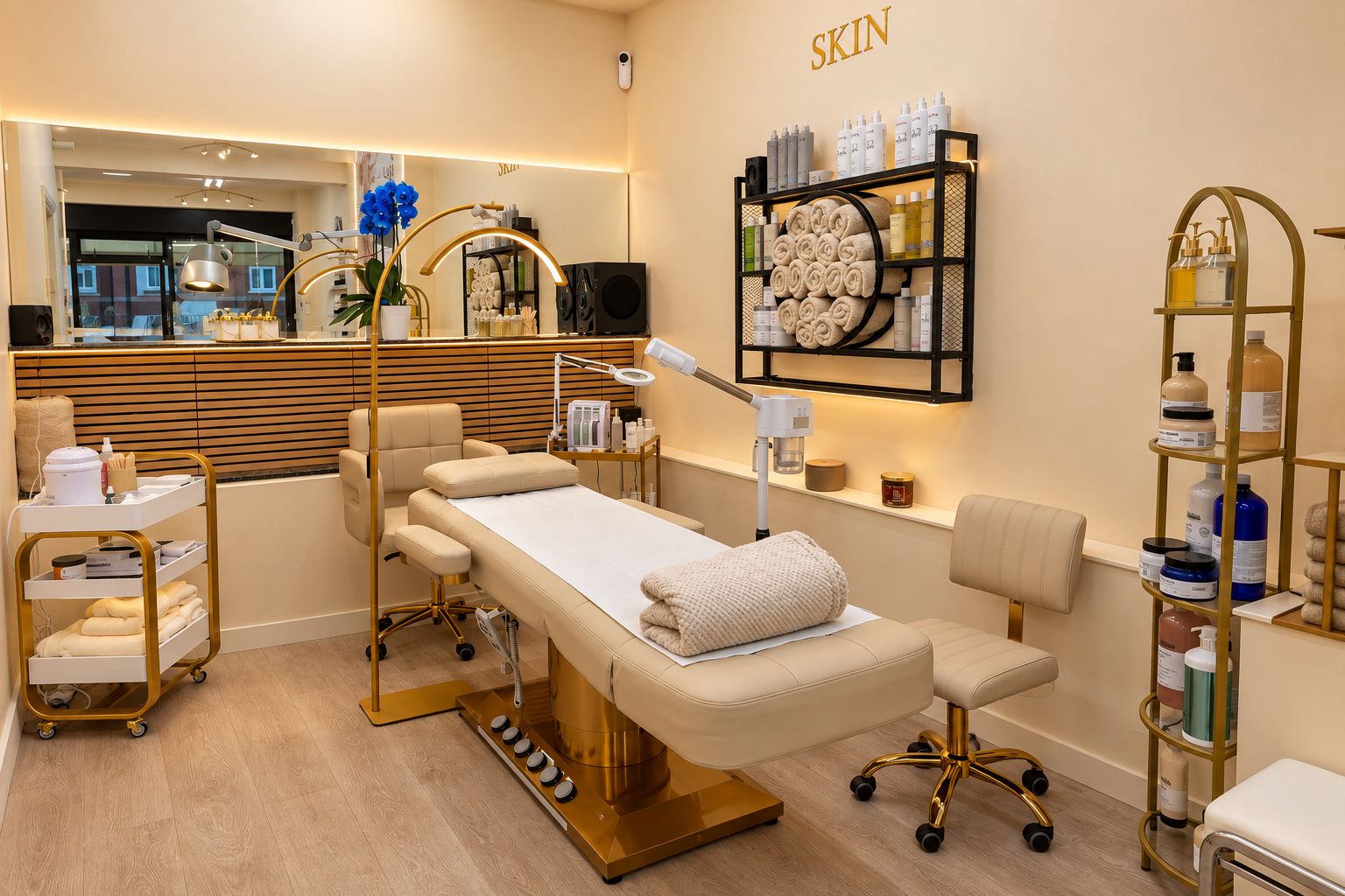 A treatment room with a cream couch, gold trolley and a towel shelf